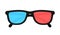 3d glasses isolated on background. Three-dimensional plastic glasses with red and blue lenses. Eyeglasses for 3d illusion in movie