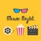 3D glasses Movie reel Open clapper board Popcorn Cinema icon set. Flat design style.