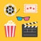 3D glasses Movie reel Open clapper board Popcorn Ticket Cinema icon set.