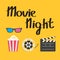 3D glasses Popcorn Movie reel Open clapper board Cinema icon set. Flat design style. Yellow background. Movie night text.