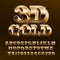 3D gold alphabet font. Bright golden letters and numbers with bevel.