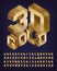3D Gold alphabet font. Isometric letters and numbers.