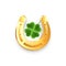 3d Gold Horseshoe and Clover Leaf icons to San Patricks Day holiday. Horse Shoe, Shamrock lucky symbols for Irish