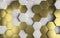 3d gold and marble hexagons background in frontal view. 3d render illustration.