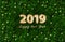 3d Gold Text Happy new year number 2019. Realistic green spruce