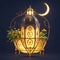 3D Golden Arabesque Ramadan Lantern decorated with ornaments leaves, arabic jasmins flowers .
