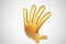 3D golden cartoon hand raised in welcoming gesture on white background.