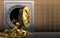 3d golden coins over golden wall