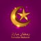 3D golden crescent and star with glow lighting and purple background for islamic event ramadan mubarak and kareem