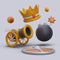 3D golden crown, wheel cannon, shield, cannonball. Game vector concept