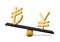 3d Golden Lira And Yen Symbol Icons With 3d Black Balance Weight Seesaw, 3d illustration