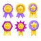 3D golden medal prize set, vector award icon kit, game winner badge, honor trophy reward on white.