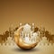 3D golden Mosque silhouette with crescent moon. Modern Islamic background