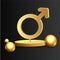 3d golden realistic gender man symbol, with flying geometric figures creative design of male metallic sign