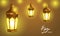 3D golden realistic hanged fanoos lantern lamp shiny with calligraphy ramadan