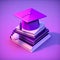 A 3D graduation cap on a stack of books against a neon background.