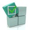 3d green cube with check sign on grey boxes