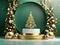 3D green and gold luxury Christmas presentation with jewel podium display on pastel green background