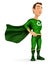 3d green hero standing with cape in the wind