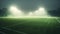 3D green soccer field with bright floodlights and haze