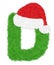 3D â€œGreen wool fur feather letterâ€ creative decorative with Red Christmas hat, Character D isolated in white background