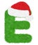3D â€œGreen wool fur feather letterâ€ creative decorative with Red Christmas hat, Character E isolated in white background