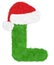 3D â€œGreen wool fur feather letterâ€ creative decorative with Red Christmas hat, Character L isolated in white background