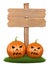 3D Halloween poster. Wooden sign with two pumpkins at the base