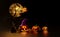 3d halloween pumpkin holiday party with full moon, flying bats, Scared Jack O Lantern and candle light in pumpkin, purple witch