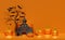 3d halloween pumpkin holiday party with haunted castle, flying bats, Scared Jack O Lantern and candle light in pumpkin for happy