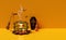 3d halloween pumpkin holiday party with pumpkin in boiling pot, broom, skull, coffin, candle light, bat for happy halloween, 3d