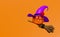 3d halloween pumpkin holiday party with Scared Jack O Lantern and candle light in pumpkin flying, purple witch pointed hat, broom