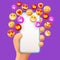 3d hand hold smartphone with smiling emoji. Likes for social media profile, network online messages, socialisation group