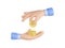 3d hands holding gold coin and money stack