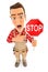 3d handyman holding stop sign