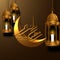 3D hanging golden fanoos lamp lantern with golden moon crescent with ramadan kareem calligraphy