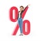 3d happy cartoon woman in front of percent sign