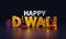 3D Happy Diwali Text Decorated With Lighting Garland, Gift Boxes, Fireworks Rocket And Illuminated Oil Lamps Diya On Dark Blue