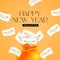 3d happy new year coupon giveaway banner template with coupons flying out of golden bag, isolated on background. Happy