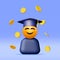 3D Happy Smiling Emoticon in Graduate Cap in Coins