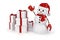 3d happy snowman with Santa hat and red gloves and presents