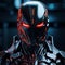 3d Head of cyborg with red luminous eyes. Robot with artificial intelligence. Futuristic soldier concept