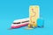 3D high-speed train with smartphone, suitcase, camera and passport, global transport, Tourism and travel, holiday vacation.