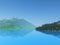 3D hills and trees with still blue water