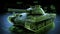A 3D hologram wireframe of an army tank showcases its rugged, formidable appearance