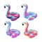 3d holographic flamingo. Render inflatable neon gradient toy, realistic summer swim tube beach animal object travel