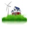 3D house with wind turbine in oversized grass