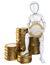 3D Humanoid robot sitting on a pile of euro coins