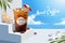 3d iced coffee ad with beach scene