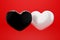 3D icon a black and white hearts on red background Cartoon minimal cute smooth. Valentine`s Day concept. 3d render illustration